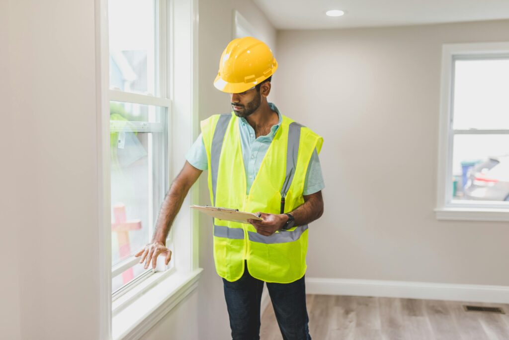 pexels-photo-8293642-8293642 Real estate agent inspecting window indoors, wearing safety vest and hard hat, ensuring home safety.